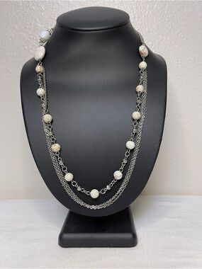 Silver Multi-Strand Necklace with Cream Marble Beads 19.5”